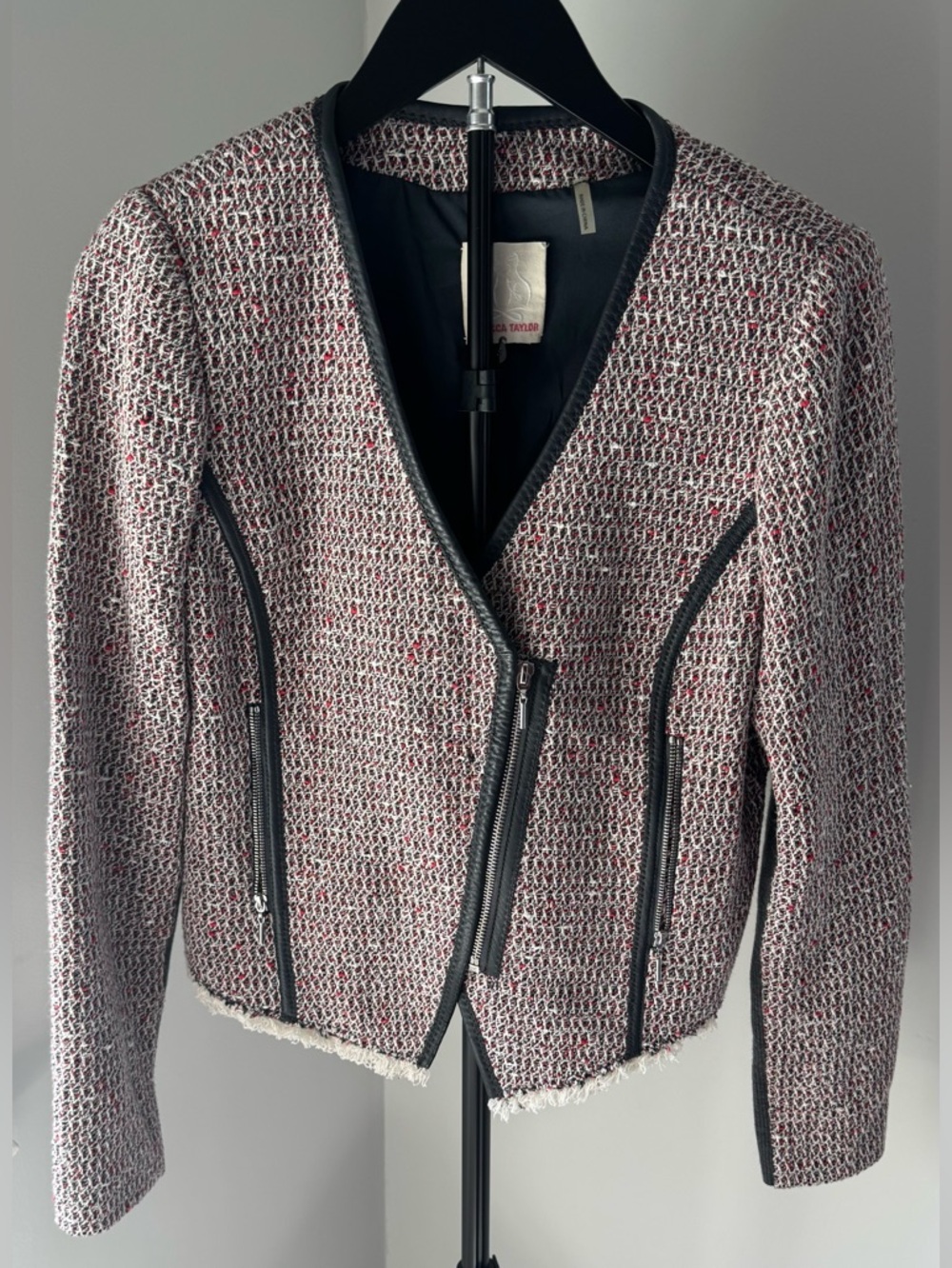 Rebecca Taylor RedWhite & Grey Tweed Zip Moto Blazer with Grey  Leather Trim